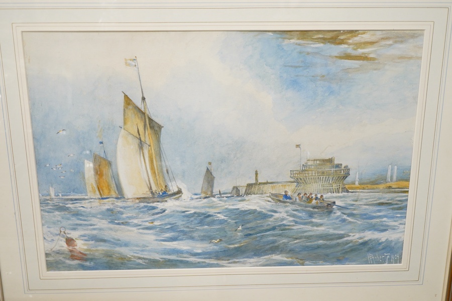 A R Yates, Street scene, watercolour, together with an early 20th century pair of watercolours to include a shipwreck scene, each signed, largest 36 x 56cm
